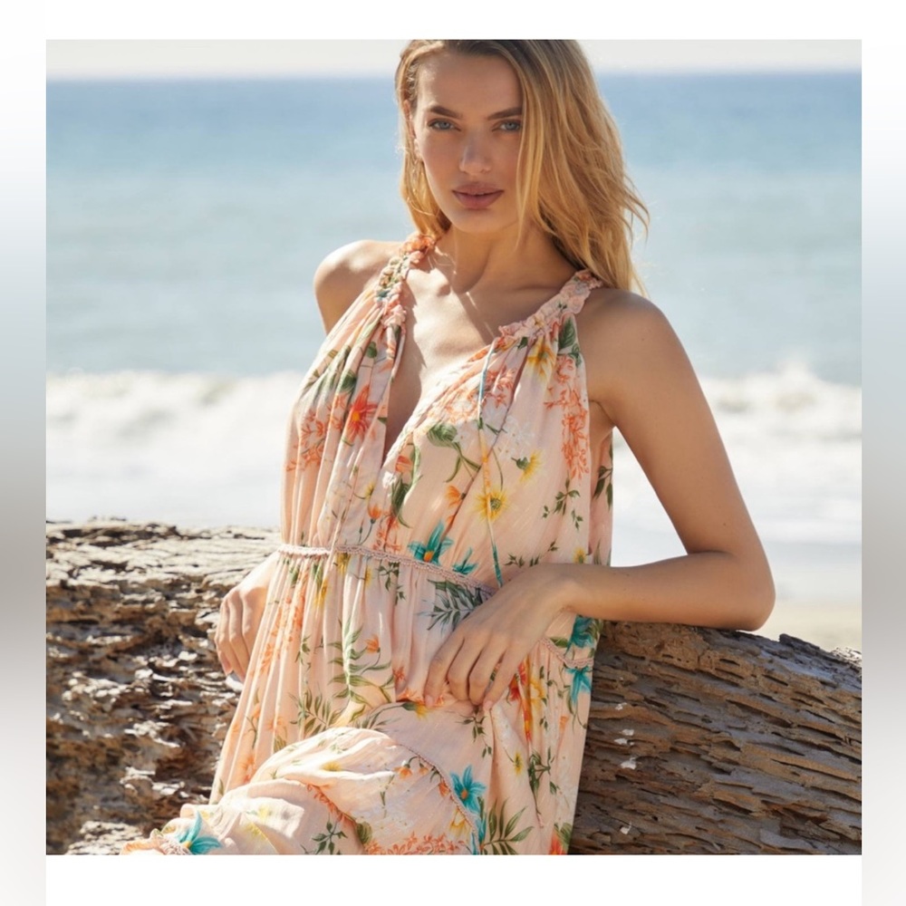 NWT PQ Swim Anthropologie Halter Maxi Dress in a peach floral gold